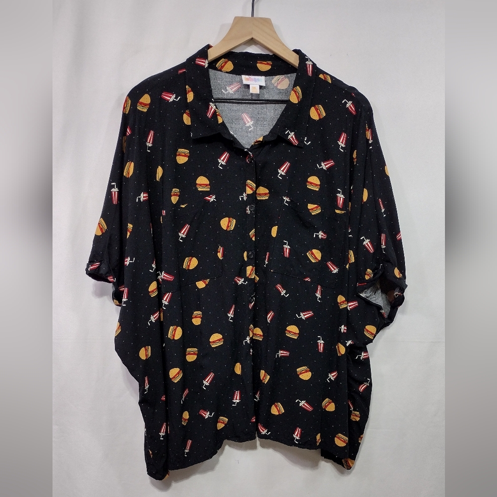 Lularoe Charlie Novelty Print Button Shirt Mens 3XL Black Casual Comfy Retro 90s - Picture 1 of 9